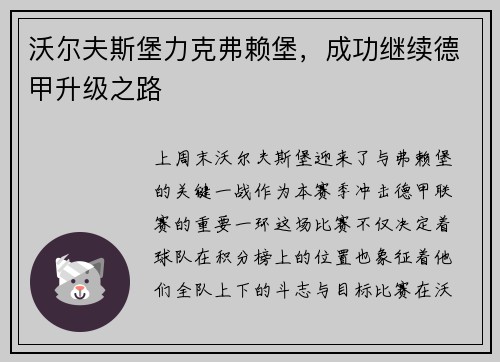 沃尔夫斯堡力克弗赖堡，成功继续德甲升级之路