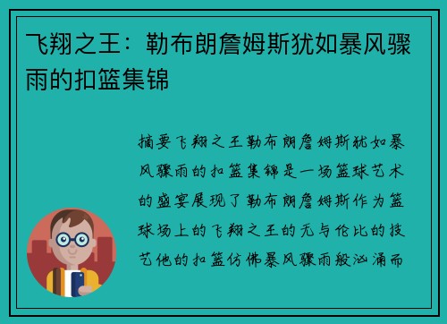 飞翔之王：勒布朗詹姆斯犹如暴风骤雨的扣篮集锦