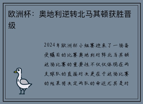 欧洲杯：奥地利逆转北马其顿获胜晋级