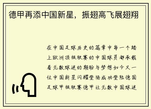德甲再添中国新星，振翅高飞展翅翔