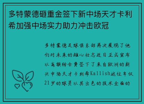 多特蒙德砸重金签下新中场天才卡利希加强中场实力助力冲击欧冠