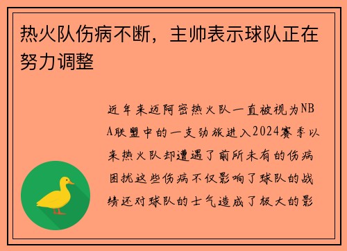 热火队伤病不断，主帅表示球队正在努力调整