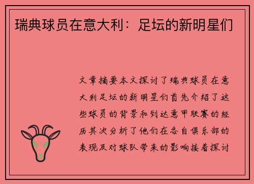 瑞典球员在意大利：足坛的新明星们